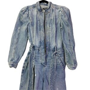 Express Denim Jumpsuit Women S Light Wash Puff Sleeve‎ Paint Splatter